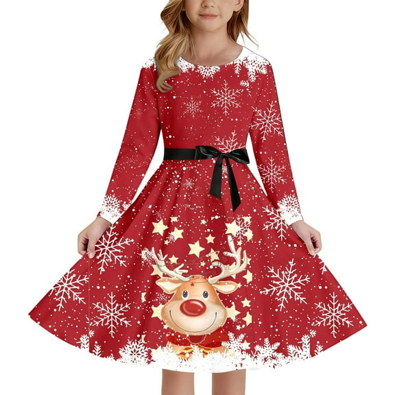 XEGLSBU Girls Christmas Dress Size 8 Sparkly Style Girls Print Party Dress with Lace up Front Long Sleeves and Back Elastic Zipper for Holiday Festive Pageant Gown Red Size 11-12 Years