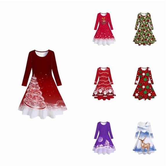 XEGLSBU Girls Christmas Dresses Long Sleeve Xmas Pattern Printed Party Christmas Princess Dress for Girl Size 4-5 Years