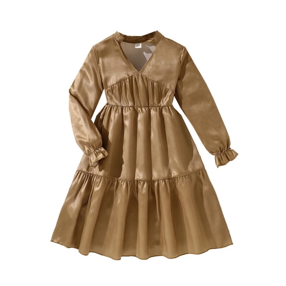 XEGLSBU Girls Christmas Dresses Size 10-12 Long Girls V Neck Party Dress with Ruffled Sleeves and Comfortable Elastic Waistband for Teen Kids Coffee Size 8-9 Years
