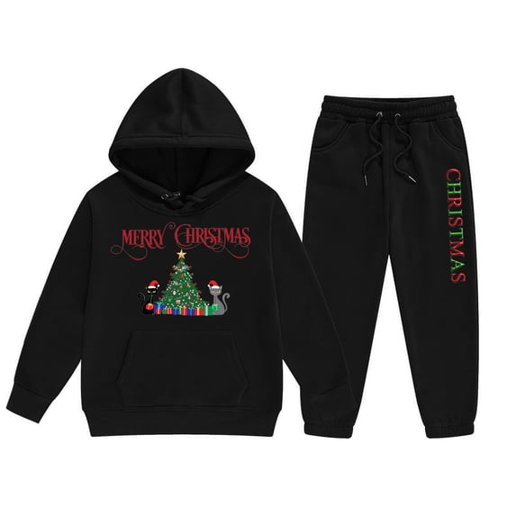XEGLSBU Girls Christmas Outfits Christmas Reindeer Girls' Hoodie Set Children's Two Piece Set Medium and Small Children's Long Sleeved Hoodie and Sweatpants Black Size 6-7 Years