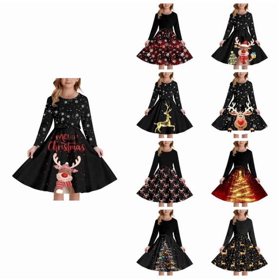 XEGLSBU Girls Dress Christmas Print Long Sleeves and Back Elastic Zipper for Girl Xmas Holiday Festive Pageant Dresses 1-Black Size 7-8 Years
