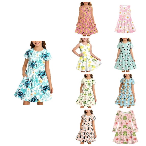 XEGLSBU Girls Dress Printed Swing Short Sleeve Soft Flowy Casual A-Line Dresses for Kids Summer 3-Blue Size 5-6 Years