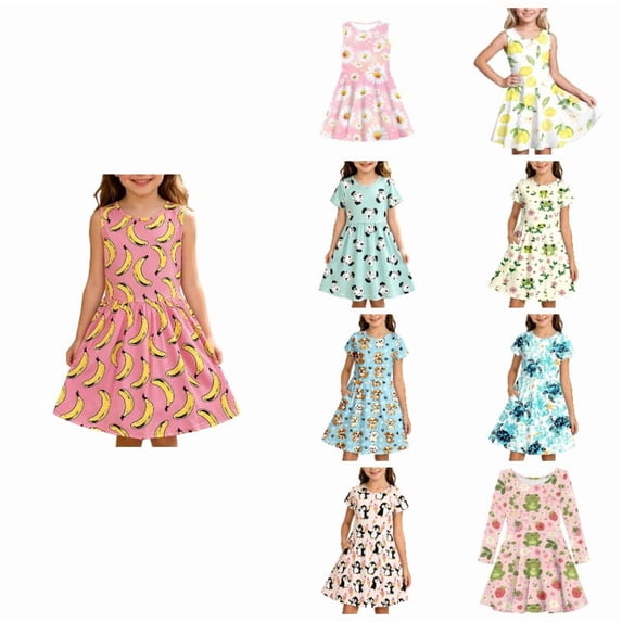 XEGLSBU Girls Dress Printed Swing Sleeveless Soft Flowy Casual A-Line Dresses for Kids Summer 1-Pink Size 7-8 Years