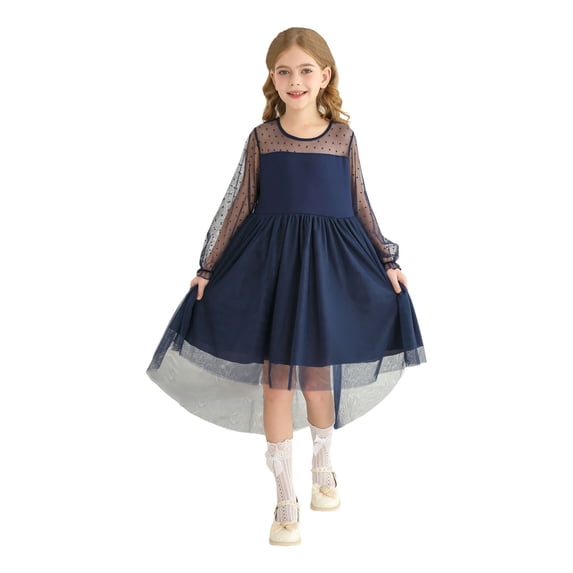 XEGLSBU Girls Dresses 4T Long Sleeve Girls Lace Long Sleeve Solid Color Cute Dress for Ages 6 15 Girls Dresses Size 8 Long Blue Size 11-12 Years