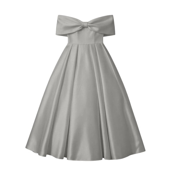 XEGLSBU Girls Dresses Formal Off Shoulder Solid Color Big Bow Floor Length Gown Party Dress Silver Size 10-11 Years