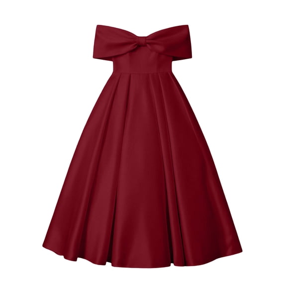 XEGLSBU Girls Dresses Formal Off Shoulder Solid Color Big Bow Floor Length Gown Party Dress Wine Size 14-15 Years