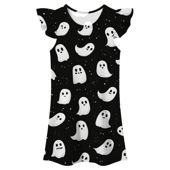 XEGLSBU Girls Dresses Halloween Flutter Sleeve Nightgown Summer Casual Cartoon Digital Print Dress Black Size 4-5 Years
