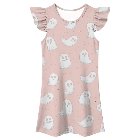 XEGLSBU Girls Dresses Halloween Flutter Sleeve Nightgown Summer Casual Cartoon Digital Print Dress Pink Size 7-8 Years