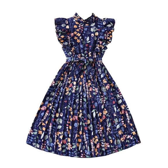 XEGLSBU Girls Dresses Size 10-12 Fall Girls Summer Floral Dress Short Sleeve Waist Ruffle Skirt with Belt for Kids Teen Blue Size 10-11 Years