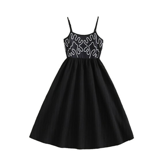 XEGLSBU Girls Dresses Size 10-12 Long Sleeve Girls Summer Dress Fashion Print Spliced Strap Maxi Dress Casual Elegant Swing Long Dress for Kids Black Size 8-9 Years