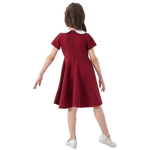 XEGLSBU Girls Dresses Size 10-12 for Winter Classic and Summer Girls' Dress School Children Autumn Color Contrast Short Sleeved Dress Wine Size 7-8 Years