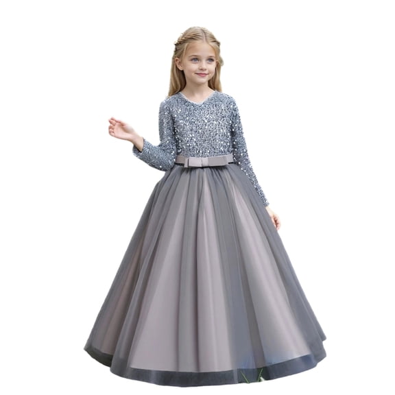 XEGLSBU Girls Dresses Size 14-16 Fall and Shine Long Formal Dress for Girls Elegant Party Gown with Sequin Grey Size 10-11 Years