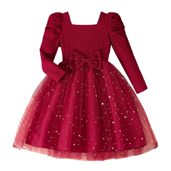 XEGLSBU Girls Dresses Size 5/6 Girls Long Sleeve Party Dress with Star Embroidery and Skirt Elegant Square Neck Puff Sleeve Girl Formal Gown Red Size 6-7 Years