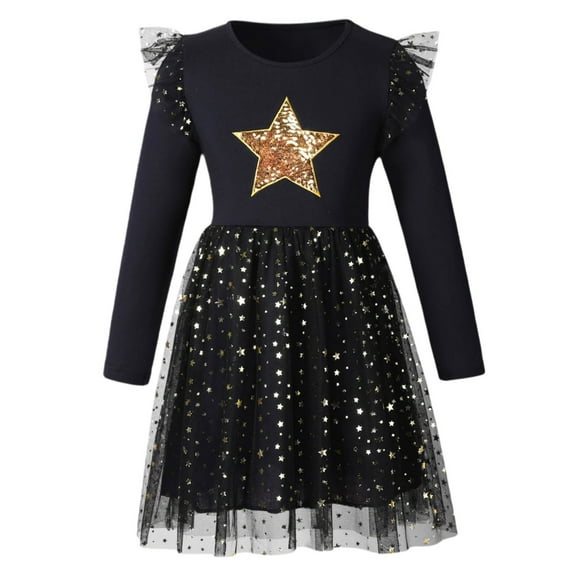 XEGLSBU Girls Dresses Size 5 Children's Mesh Dress Dress Stylish Little Girl Dress Dresses for Girls 4-6 Christmas Black-A Size 8Y