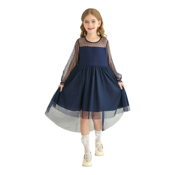 XEGLSBU Girls Dresses Size 5 Children's Mesh Dress Dress Stylish Little Girl Dress Dresses for Girls 4-6 Christmas Blue-C Size 7-8 Years
