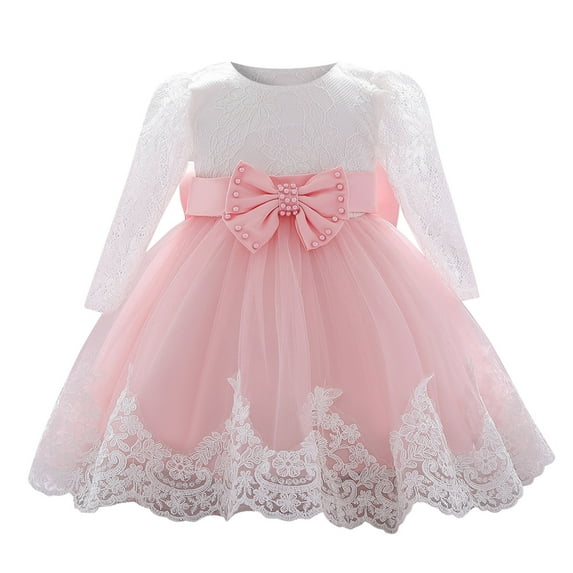 XEGLSBU Girls Dresses Size 6/7 Baby Girls Ruffle Long Sleeve Lace Bowknot Flower Dresses Pageant Party Wedding Princess Dress Toddler Girls Dresses 4T Size 12-18 Months