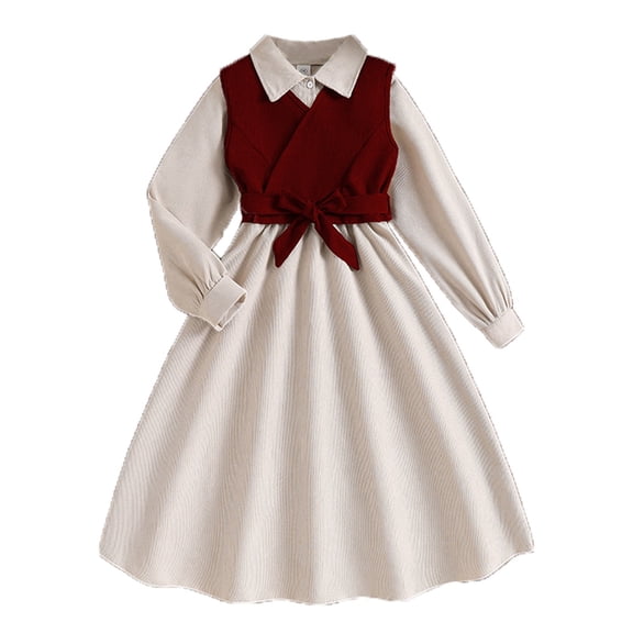 XEGLSBU Girls Dresses Size 6X Autumn Winter Girls Corduroy Dress with Detachable Vest and Sash Long Sleeve Outfit for Toddler and Kids Stylish Layered for Daily Wear Red Size 11-12 Years