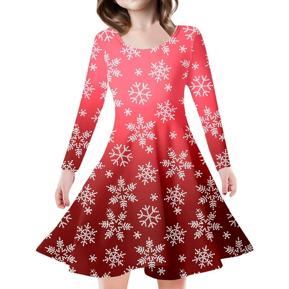 XEGLSBU Christmas Flower Girl Dress Short Kids Toddler Girls Christmas Trees Deer Print Christmas Long Sleeve Party Princess Dress Red Size 10-13 Years