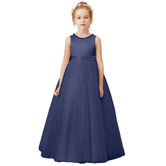 XEGLSBU Girls' Dresses Sleeveless Performance Dress for Girls Pearl Front Smocked Back Weeding Dresses Blue1 Size 13-14Years