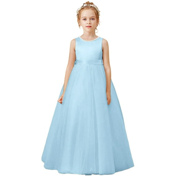 XEGLSBU Girls' Dresses Sleeveless Performance Dress for Girls Pearl Front Smocked Back Weeding Dresses Blue2 Size 13-14Years