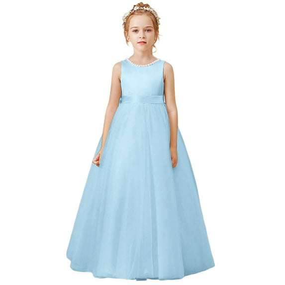 XEGLSBU Girls' Dresses Sleeveless Performance Dress for Girls Pearl Front Smocked Back Weeding Dresses Blue2 Size 6-7 Years