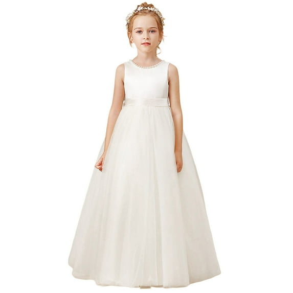 XEGLSBU Girls' Dresses Sleeveless Performance Dress for Girls Pearl Front Smocked Back Weeding Dresses White Size 6-7 Years