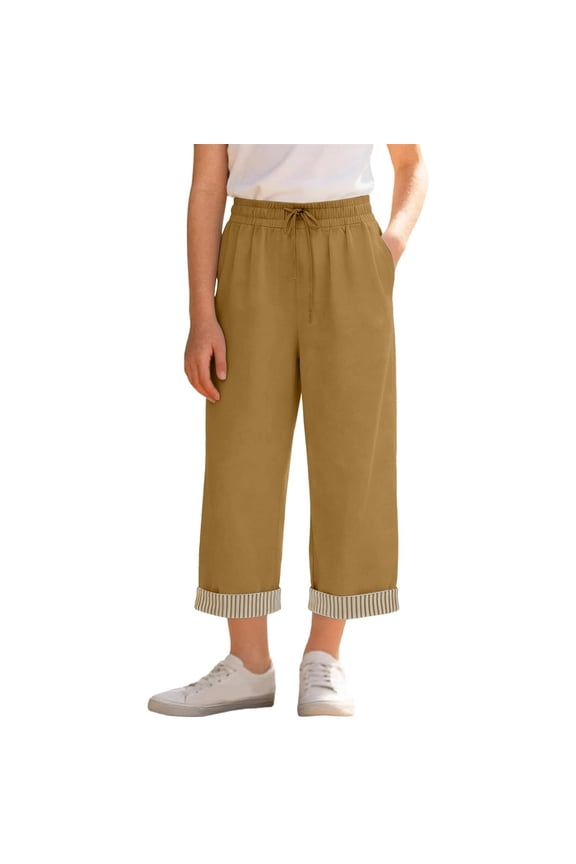 Girls High Waist Striped Culottes Casual Summer Pants with Pockets Comfortable Straight Leg Trousers for Kids (Khaki Size 7-8 Years)