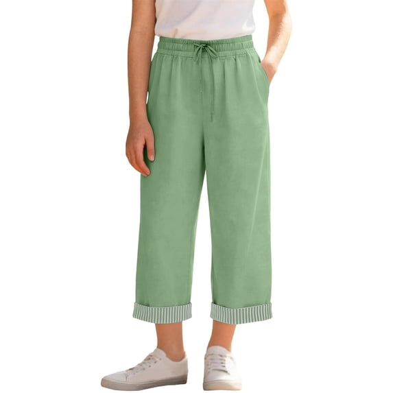 XEGLSBU Girls High Waist Striped Culottes Casual Summer Pants with Pockets Comfortable Straight Leg Trousers for Kids (Light Green Size 7-8 Years)
