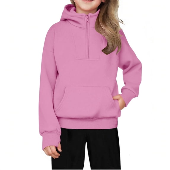 XEGLSBU Girls Hoodies Half Zip High Neck Solid Color Long Sleeve Casual Pullover Hooded Sweatshirts for Fall Winter Pink Size 7-8 Years