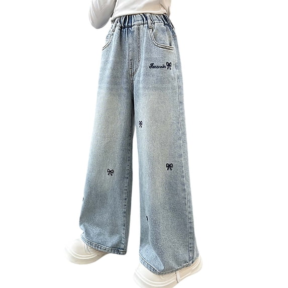 XEGLSBU Girls Jeans Girls Casual Pants Autumn Denim Trousers Wide Leg Straight Design Comfortable (1-Blue Size16-17 Years)