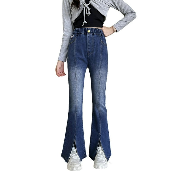 XEGLSBU Girls Jeans Size 10-12 Adjustable Waist Girls Casual Flared Jeans with Bow Embroidery Stretchy Waist Comfortable Summer Long Pants for Toddler to Teen Age 5 15 Blue Size 11-12 Years