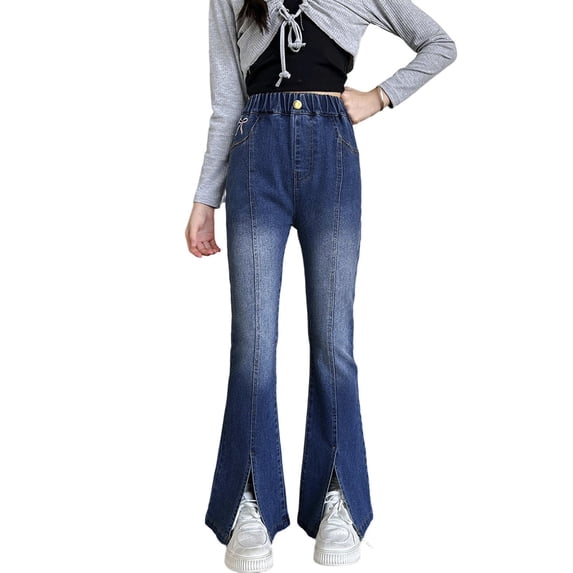 XEGLSBU Girls Jeans Size 10-12 Bootcut Girls Casual Flared Jeans with Bow Embroidery Stretchy Waist Comfortable Summer Long Pants for Toddler to Age 5 15 Blue Size 7-8 Years