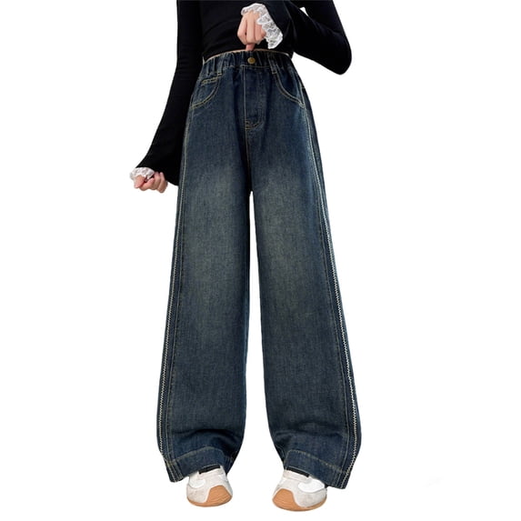 XEGLSBU Girls Jeans Size 12 Long Girls Casual Denim Pants Straight Leg Wide Trousers Loose Fit Style Autumn Children Long Pants Blue Size 7-8 Years