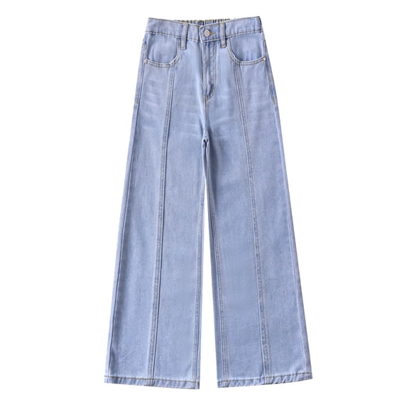 XEGLSBU Girls Jeans Size 14-16 Pack Stylish Girls Casual Pants with Line Pattern and Bow Detail Fashionable Korean Style Autumn Trousers for Big Kids Blue Size 8-9 Years