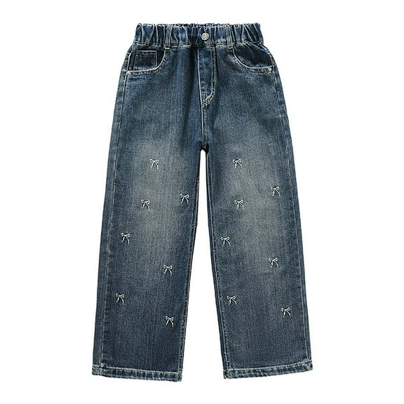 XEGLSBU Girls Jeans Size 16-18 Big Kids Girls Fashion Cute Personality Pants Elastic Waist Wide Leg Jeans Casual Demin Pants with Pockets Blue Size 12-15 Years