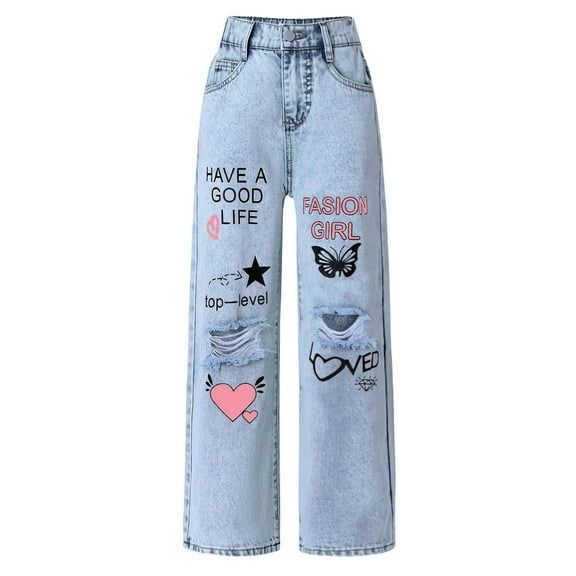 XEGLSBU Girls Jeans Size 8 Wide Leg Girls Jeans Wide Leg Baggy Denim Pants High Elastic Waisted Cute Bow Trousers Casual Kids Streetwear Light Blue Size 8-9 Years