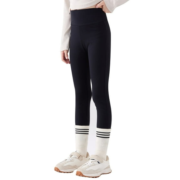 XEGLSBU Girls Leggings Size 10-12 Black Girls Solid Color Elastic Waist Yoga Leggings with Pockets Stretchy Comfortable Workout Pants for Gym and Casual Wear Black-2 Size 4-5 Years