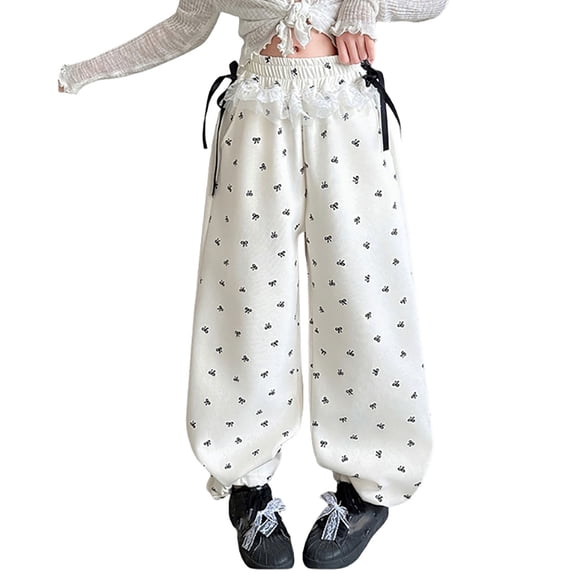 XEGLSBU Girls Pants Drawstring Elastic Bow Printed Sweatpants with Lace Casual Active Joggers White Size 5-6 Years