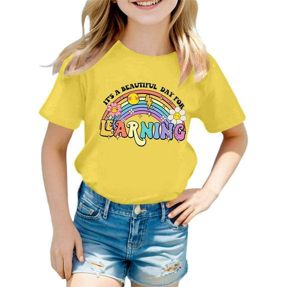 XEGLSBU Girls Shirts Size 12-14 Stylish Girls Tops for Loose Fit Tees & Shirts for Ages 3 16 for Spring and Summer Easy to Clean Great For Yellow Size 8-9 Years
