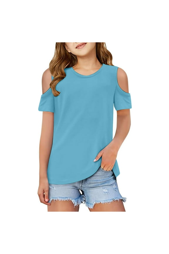 Girls Shirts Size 7-8 Cotton Children Kids Girls Short Sleeve Shirts Cute Crew Neck Cold Shoulder Tee Top Sky Blue Size 11-12 Years