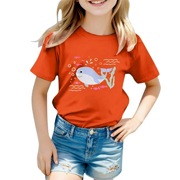 XEGLSBU Girls Shirts Size 7X Girls Clothes Cute Graphic Shirts Kids Short Sleeve T Shirt Ocean Tee Tops Orange Size 4-5 Years