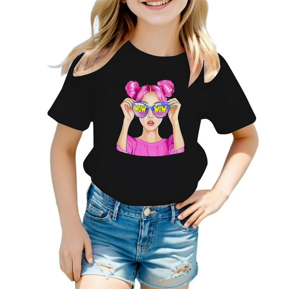 XEGLSBU Girls Shirts Size 7X Kid Girls Cute Print Graphic Round Neck Short Sleeve Tee Summer Casual T Shirt Black Size 7-8 Years