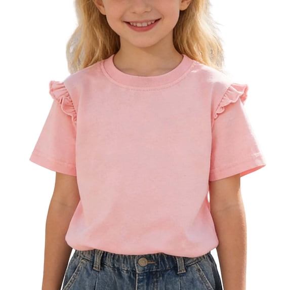 XEGLSBU Girls Shirts Trendy Cute Girls Summer Short Sleeve Top with Floral Breathable Casual Solid Color Blouse for Kids Pink Size 6-7 Years