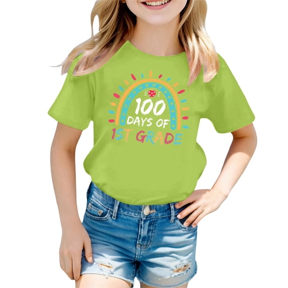 XEGLSBU Girls Short Sleeve Shirts Plus Back to School Kids Casual Print Short Sleeve T Shirt Loose Fit Crew Neck Top for Girls Light Green Size 150