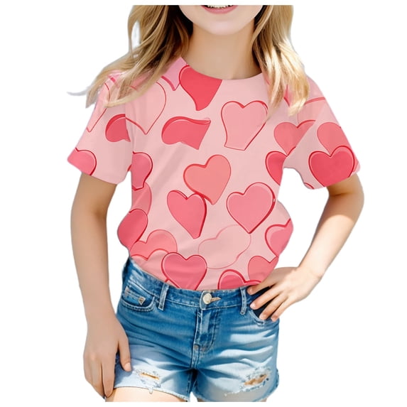 XEGLSBU Girls Short Sleeve Shirts Size 14-16 Pack Children's Valentine's Day Fashion Printed Short Sleeved Top Brick Red Size 3-4 Years