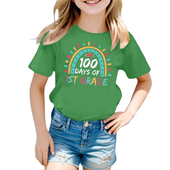 XEGLSBU Girls Short Sleeve Shirts Thermal Back to School Kids Casual Print Short Sleeve T Shirt Loose Fit Crew Neck Top for Girls Green Size 160