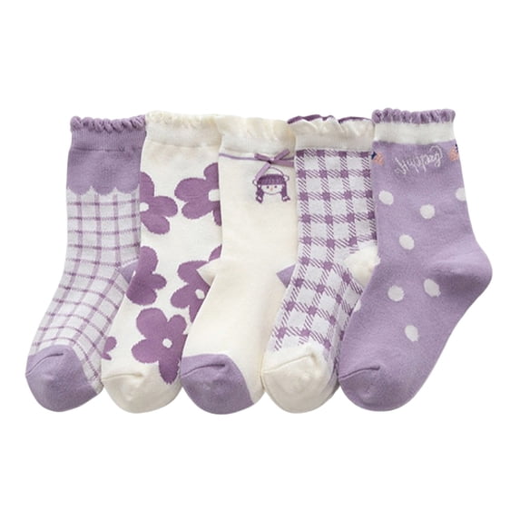 XEGLSBU Girls Socks Mesh Breathable Soft Comfortable Cute Cartoon Pattern Daily Walking Wear 5 Pairs Size L