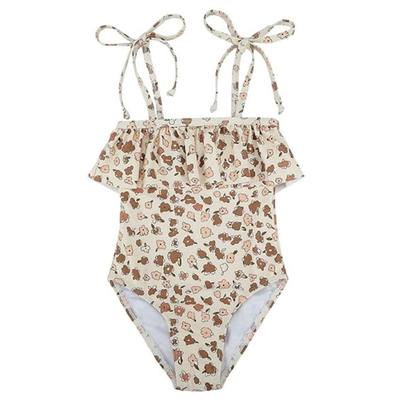XEGLSBU Girls Swimsuit 1 Piece with Sleeves Toddler Girls' 1PC Bikini Swimsuit Color Floral Print Rash Guard for Beach & Pool Khaki Size 4-5 Years