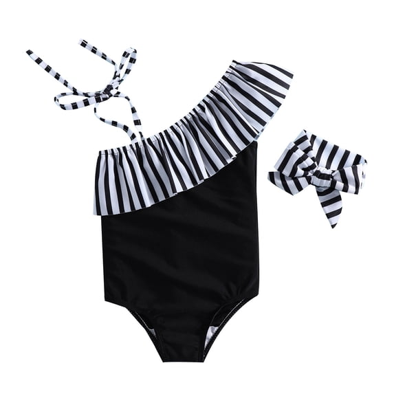 XEGLSBU Girls Swimsuit Size 12-13 Summer Children Girls Ruffles 1 Piece Swimwear Solid Color Beach Swimsuit Bikini Black-C Size 12-24 Months