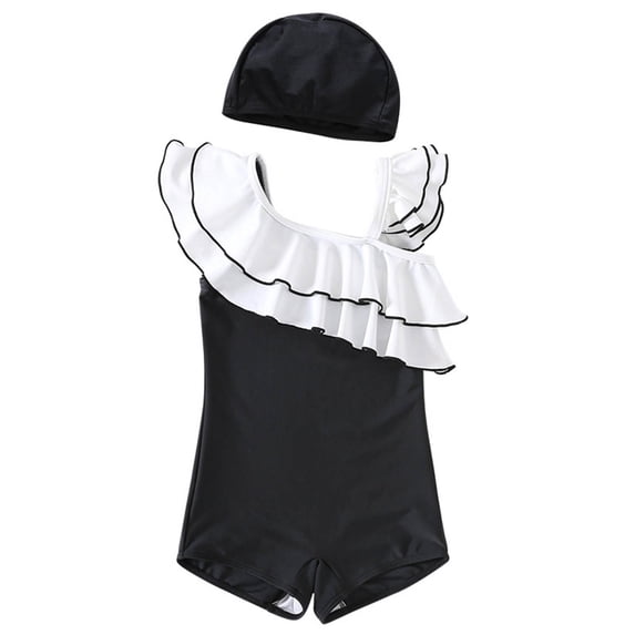 XEGLSBU Girls Swimsuit Size 12-13 Summer Children Girls Ruffles 1 Piece Swimwear Solid Color Beach Swimsuit Bikini Black-D Size 6-7 Years